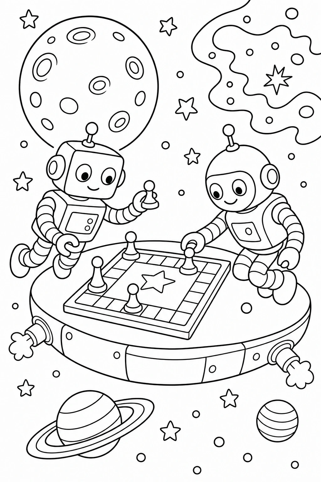 Two robots playing a zero-gravity board game on a drifting platform, with game pieces, a moon behind them, and — printable coloring page