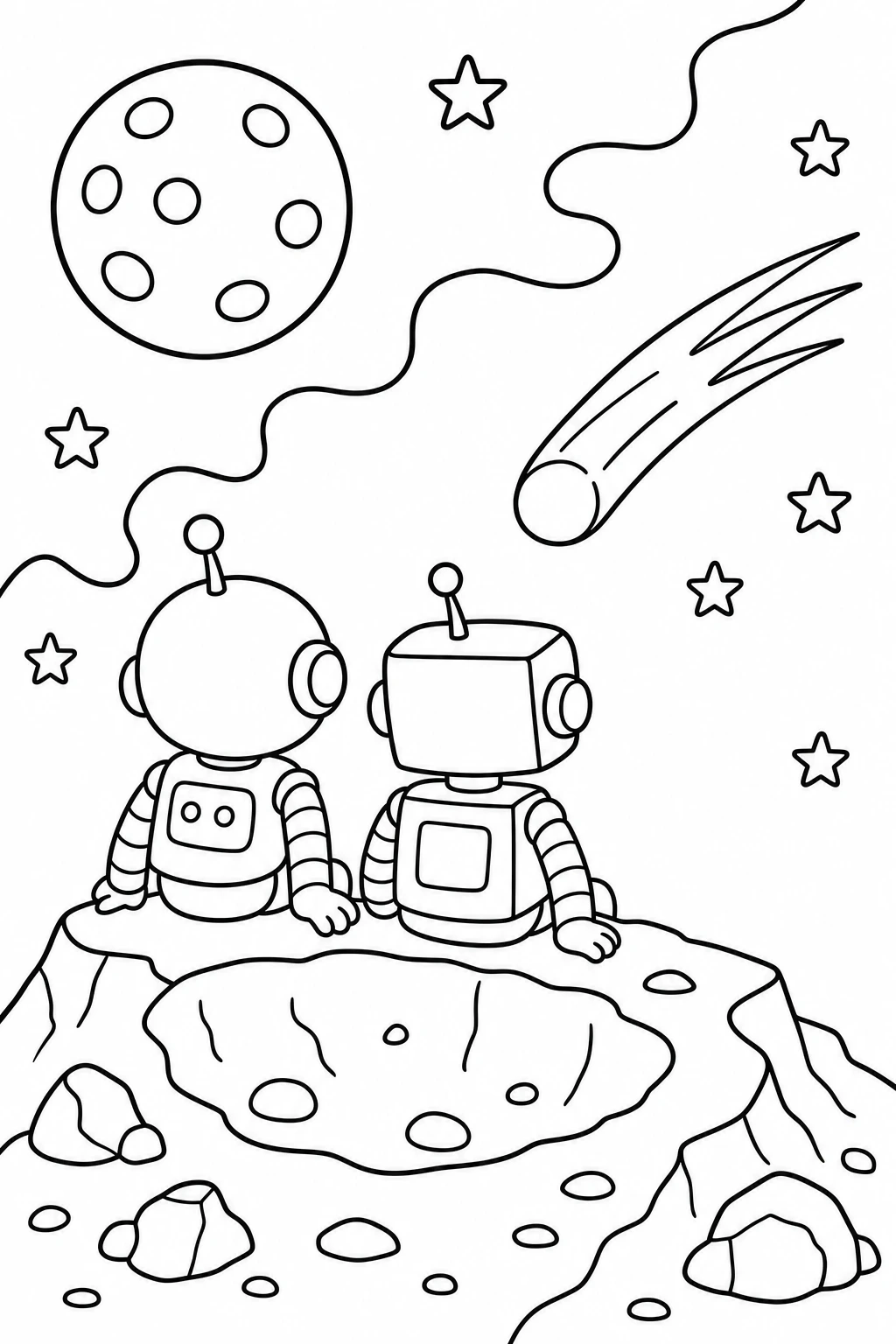 Two robots sitting on the edge of a crater and watching a tiny comet pass by, with a round moon, a few stars, — printable coloring page