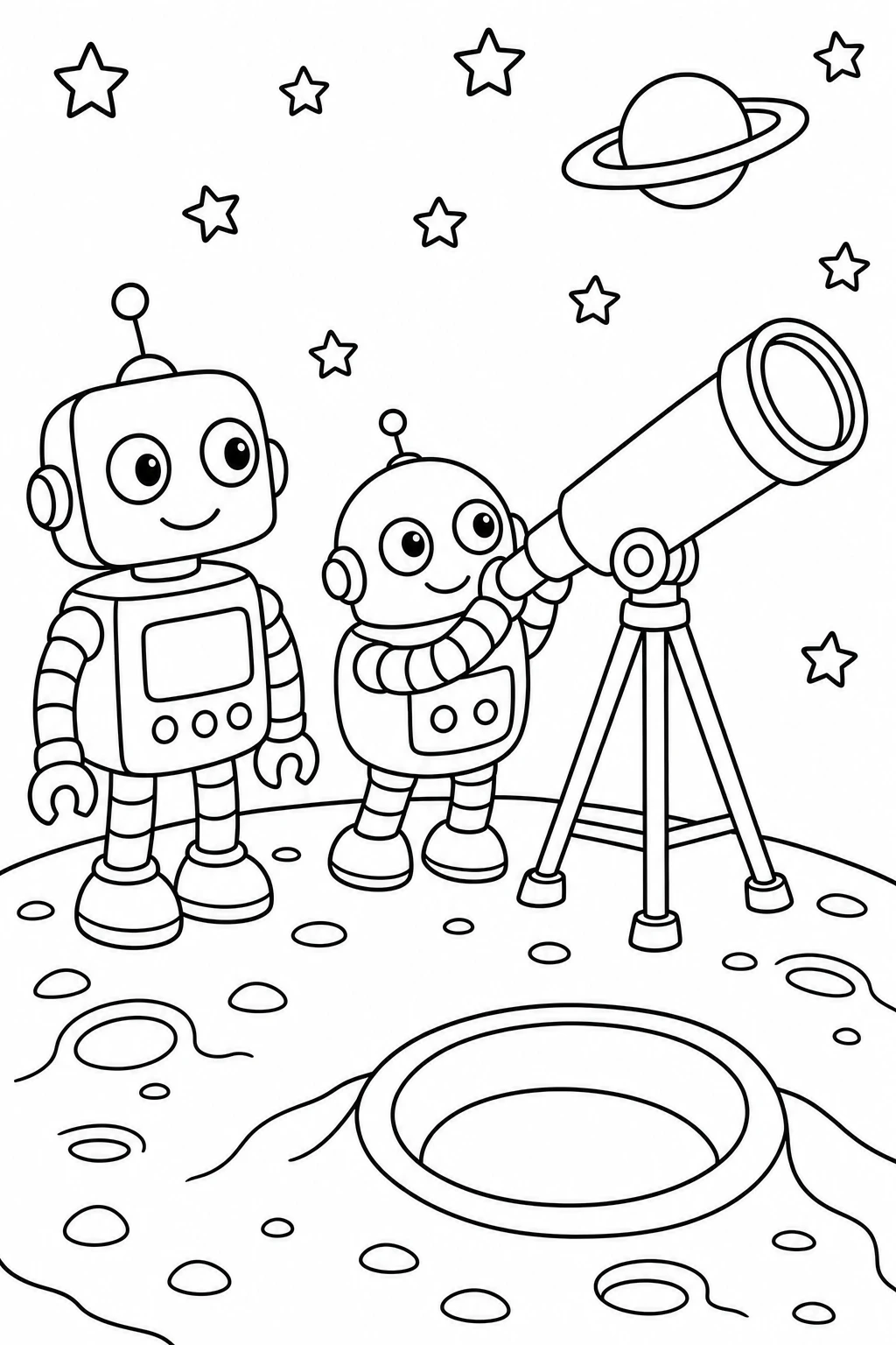 Two robots stargazing together through a telescope on the moon, with a crater, a few stars, and a small ringed — printable coloring page