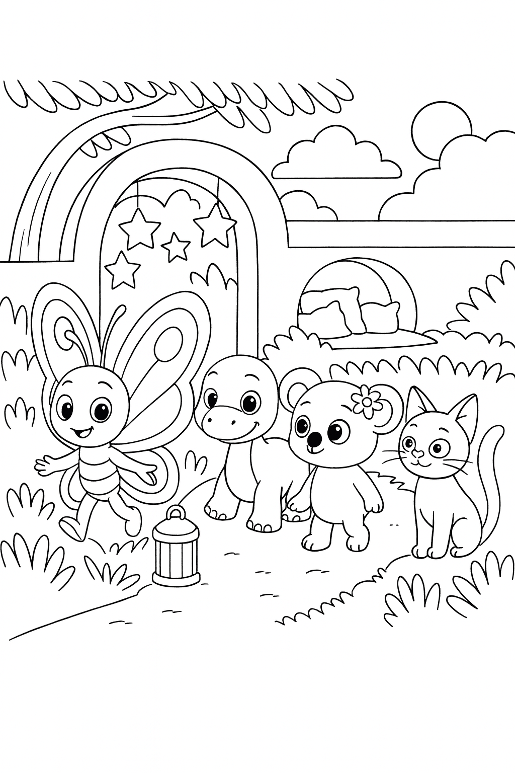 Wide shot, Bibi in the foreground leading left to right toward the moonlit garden nook while Daisy, Dandino, a — printable coloring page