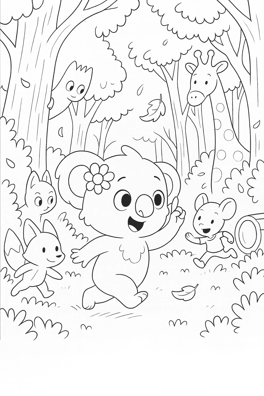 Wide shot, Daisy and several classmates in the foreground and midground weaving around tree trunks in a preten — printable coloring page