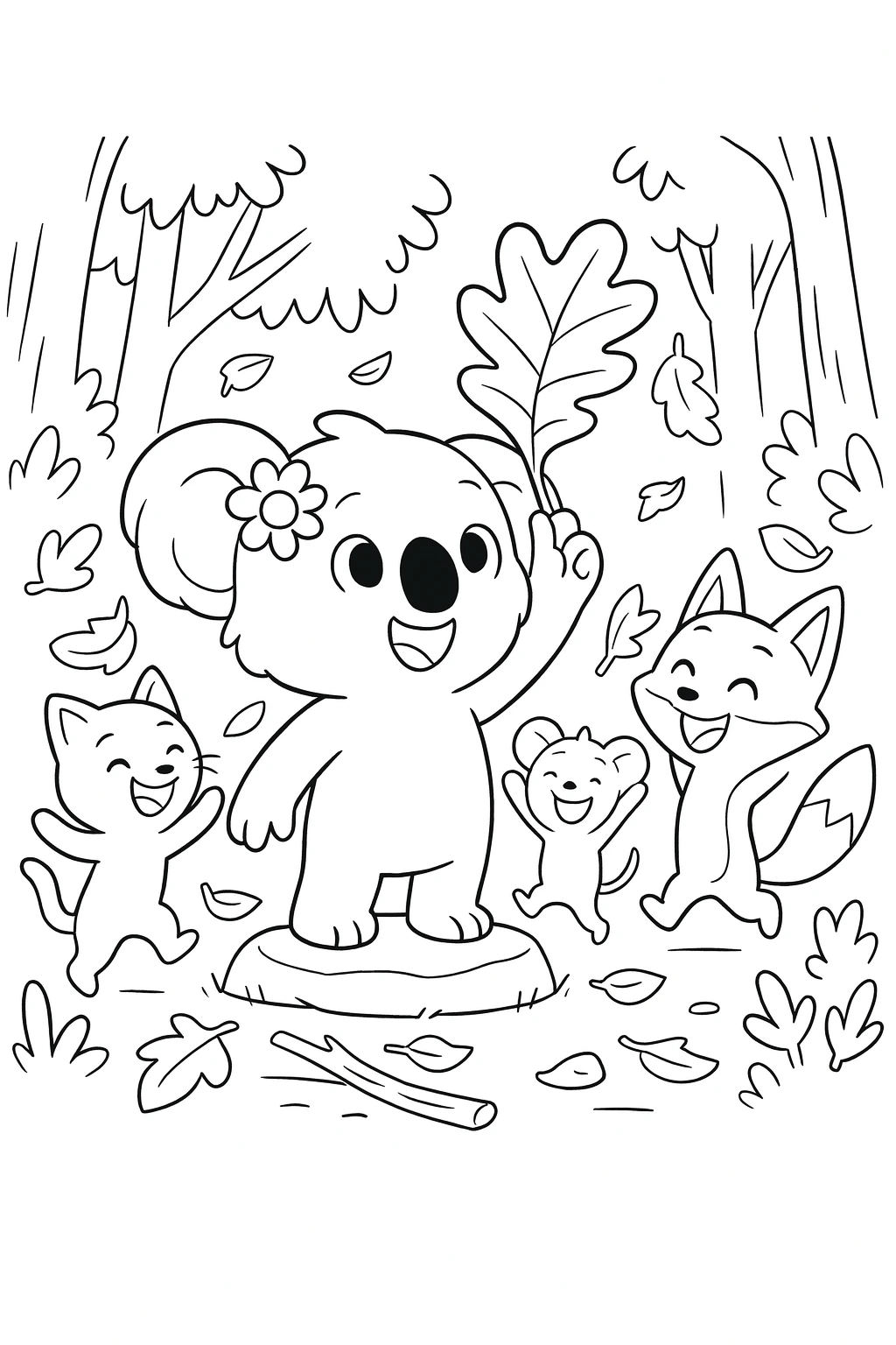 Wide shot, Daisy in the foreground center raising the leaf overhead while her friends spread out in the midgro — printable coloring page