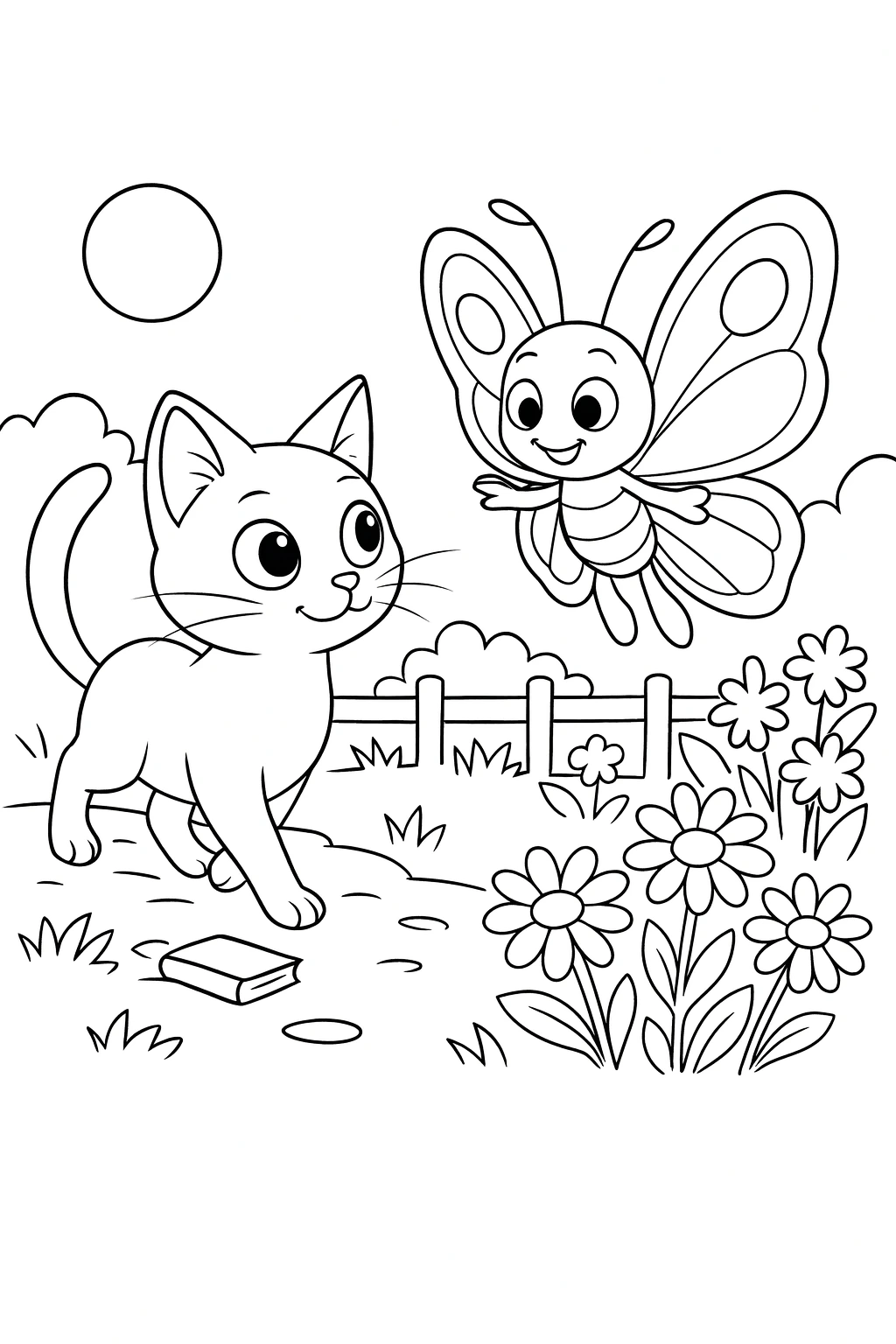 Wide shot of a pastel garden path with Lucky in the foreground left, walking forward with a curious posture, a — printable coloring page