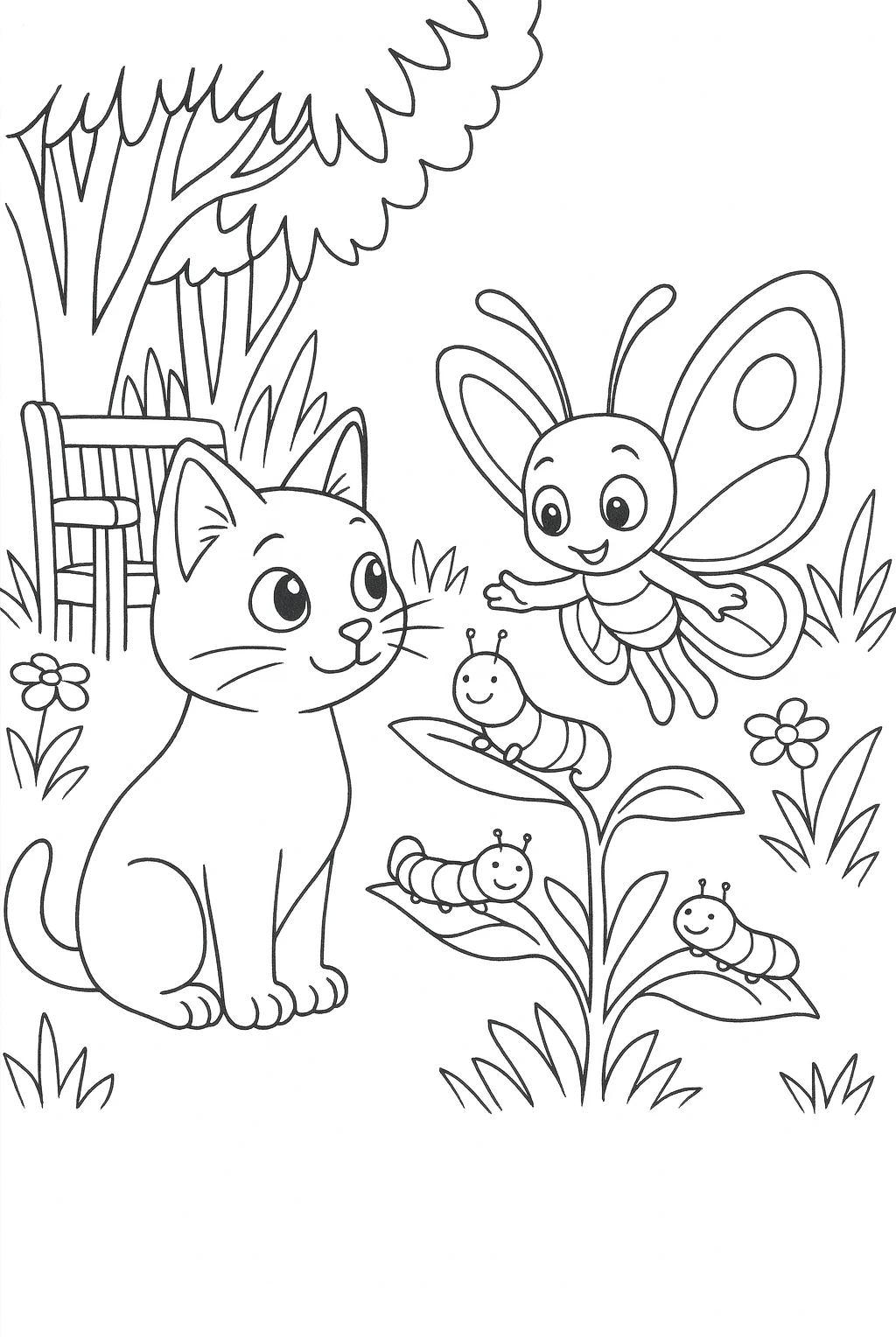 Wide shot of Lucky in the foreground center sitting attentively, with Bibi and a few caterpillars in the midgr — printable coloring page