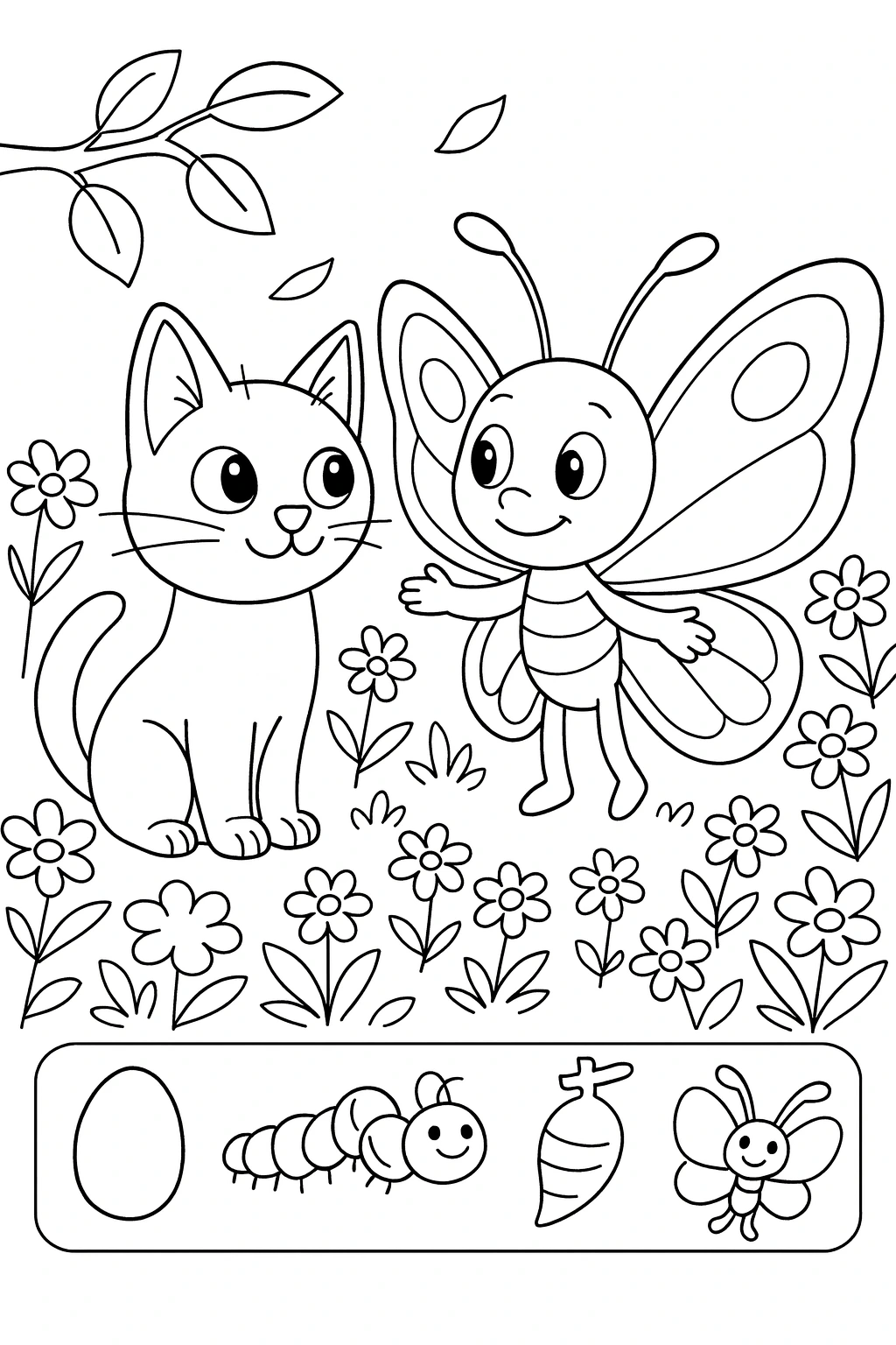 Wide shot of Lucky in the foreground center sitting proudly with her black tail beside Bibi in the midground r — printable coloring page