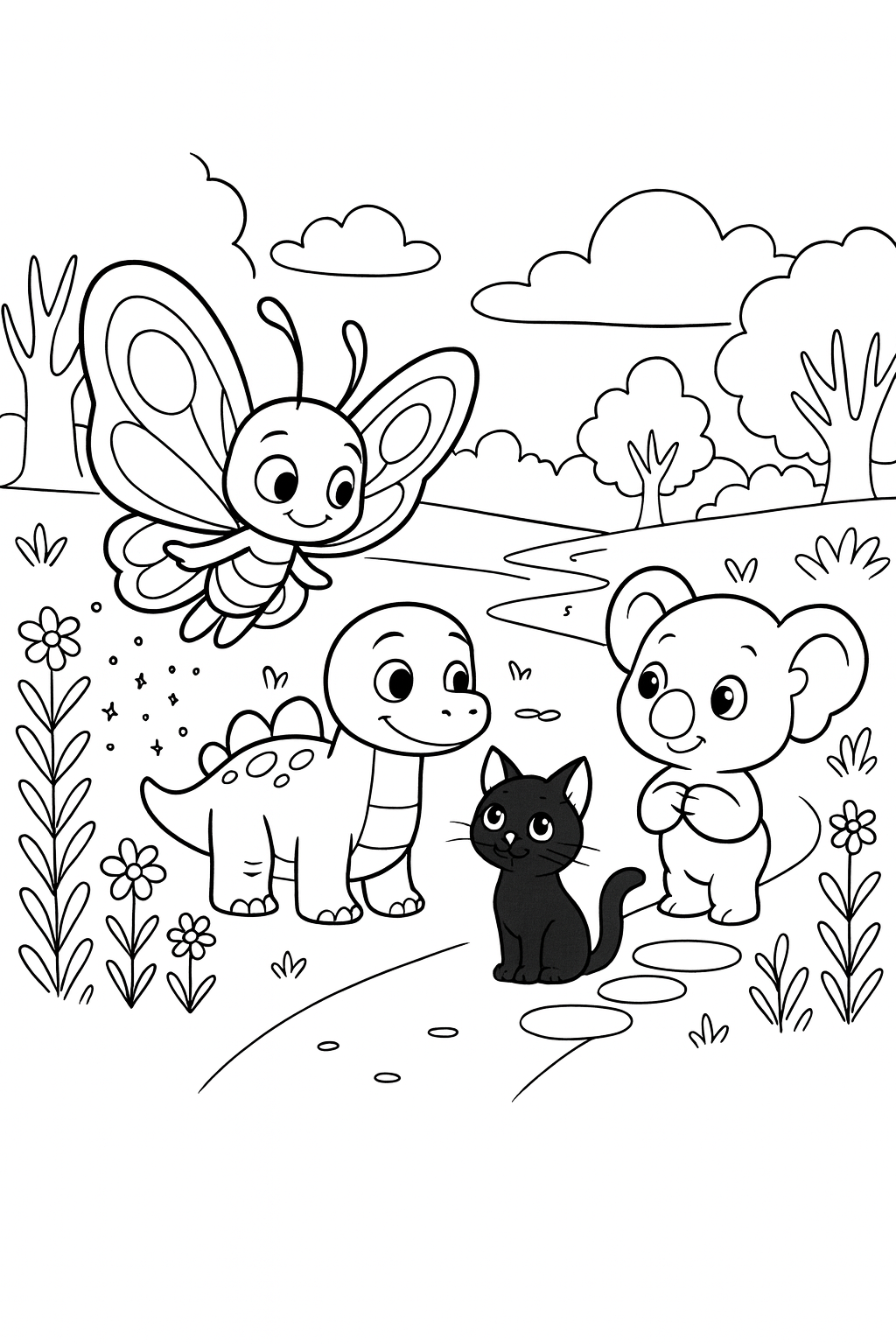 Wide shot of the garden path at dusk, with Bibi in the foreground left gliding above the path while Daisy, Dan — printable coloring page