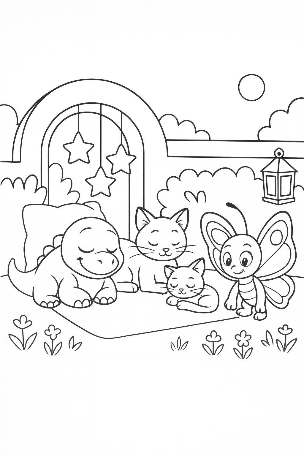 Wide shot of the moonlit garden nook, with Dandino in the foreground left lying beside the soft pillow nest an — printable coloring page