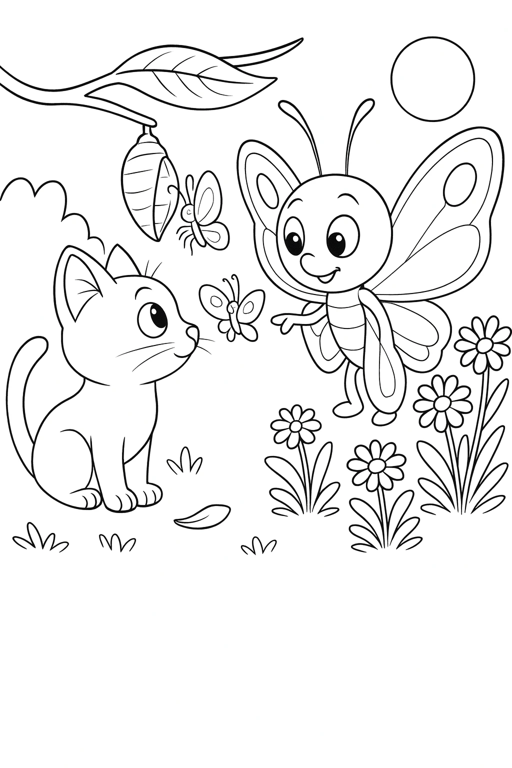 Wide shot with Lucky in the foreground left and Bibi in the midground center near an opening chrysalis on a br — printable coloring page